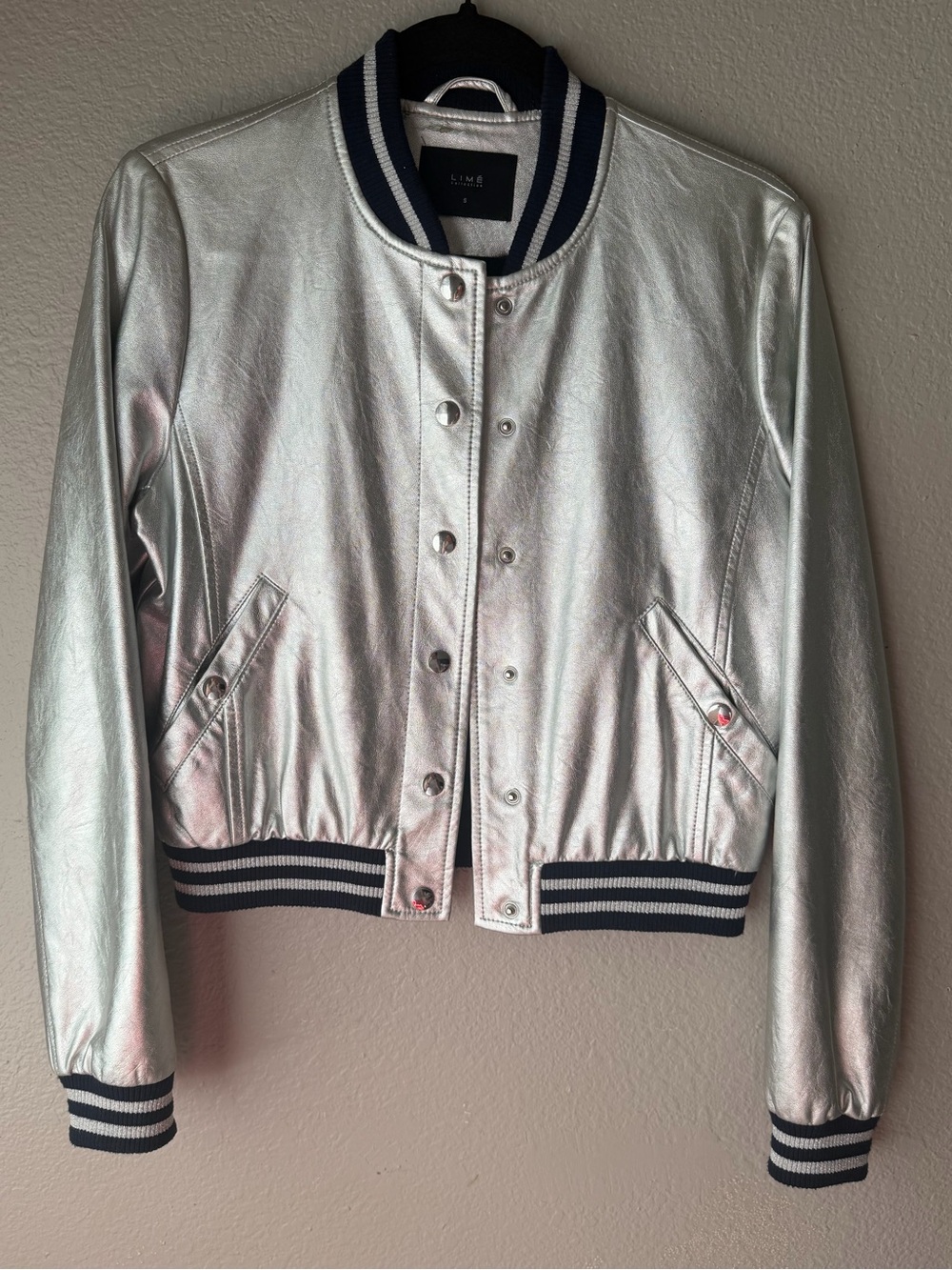 Silver Metallic Bomber Jacket with Striped Trim